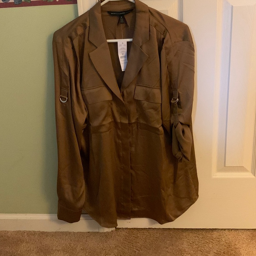 White House Black Market Brown Satin Button-Down Blouse